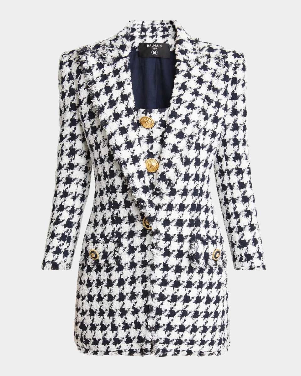 Long Tweed Houndstooth Blazer
